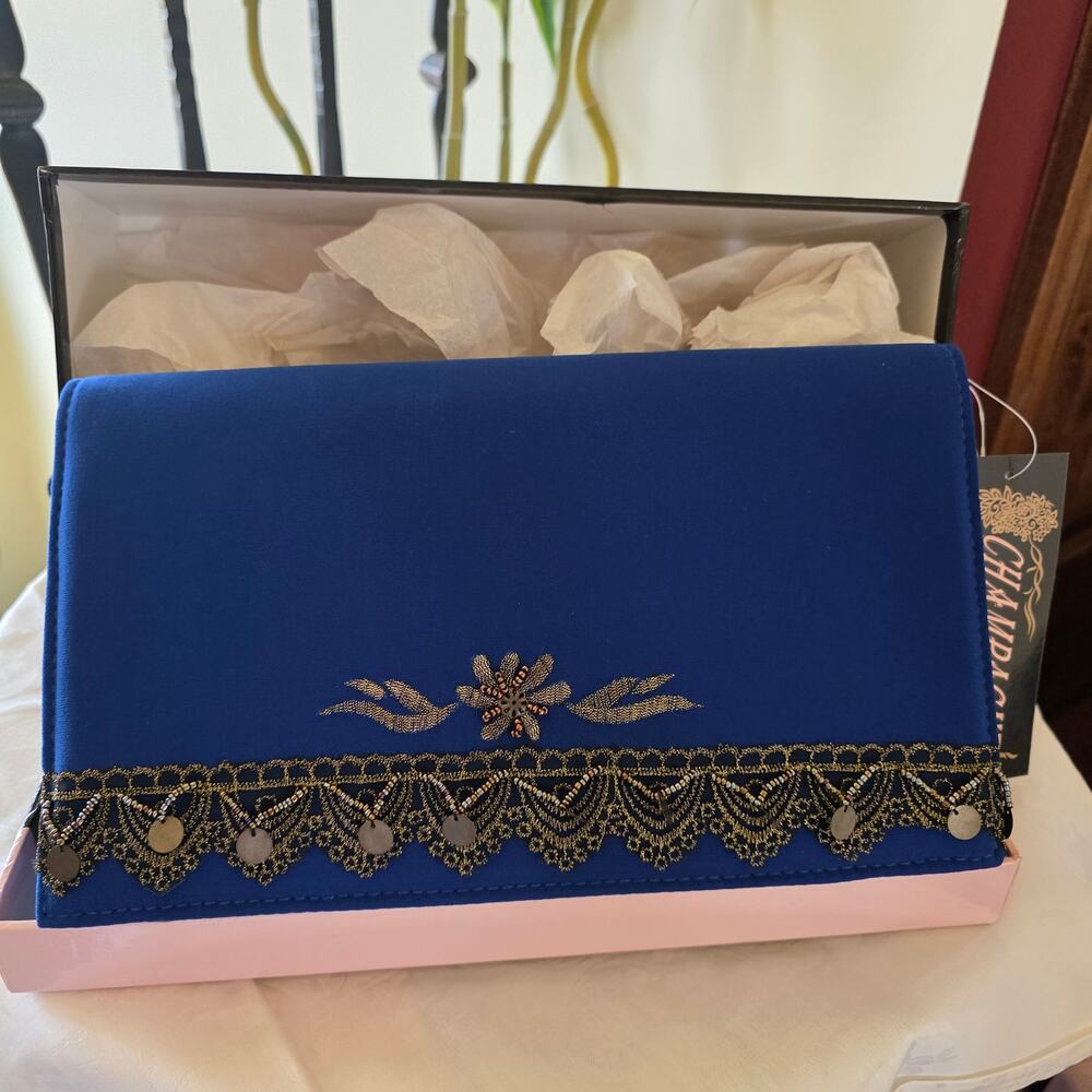 NIB Champagne Italy royal‎ blue, rectangular purse, with lace and beads